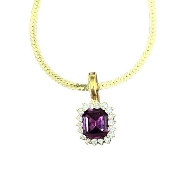 Vintage Amethyst Rhinestone Pendant Necklace Gold Tone Embellished 1970s Rare 45$